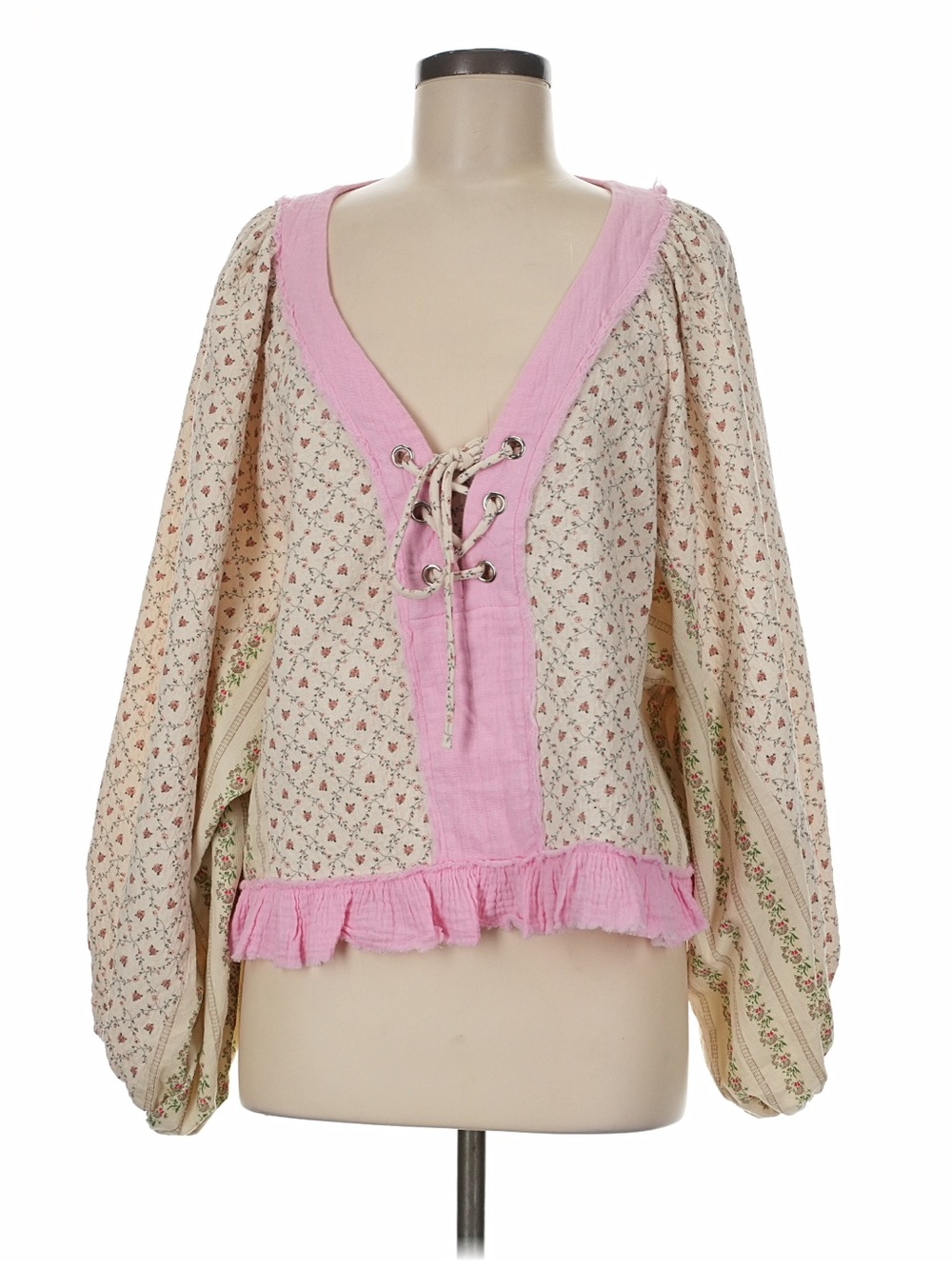 Pol cotton peasant floral tie front blouse